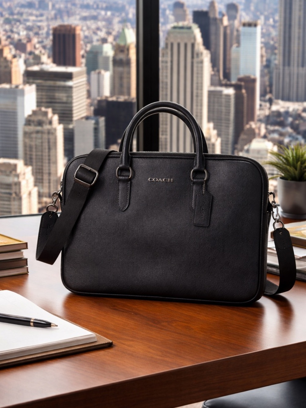 Coach Black Leather Metropolitan Slim Briefcase Laptop Bag Crossbody Strap NWT